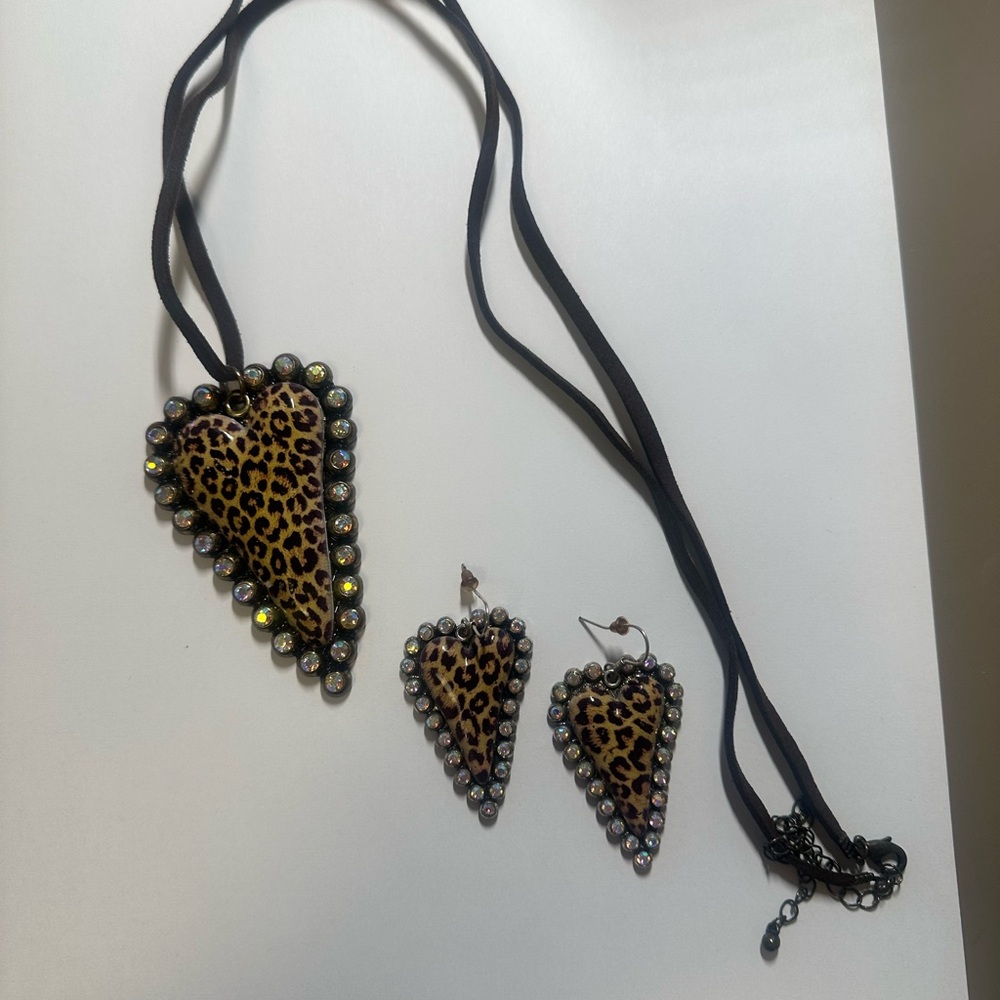 Leopard Print Jewelry Set with Brown Leather strap Accents